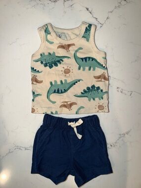 Carter's Cream Dino Print Tank with Navy Shorts